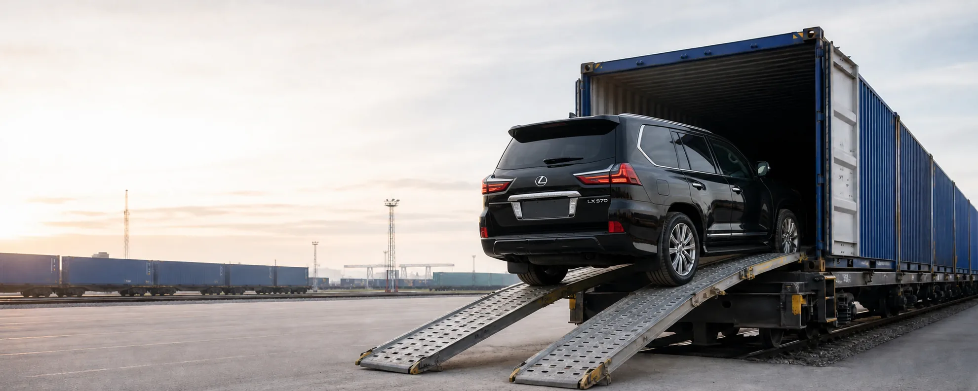 Чёрный Lexus LX 570 заезжает в железнодорожный контейнер