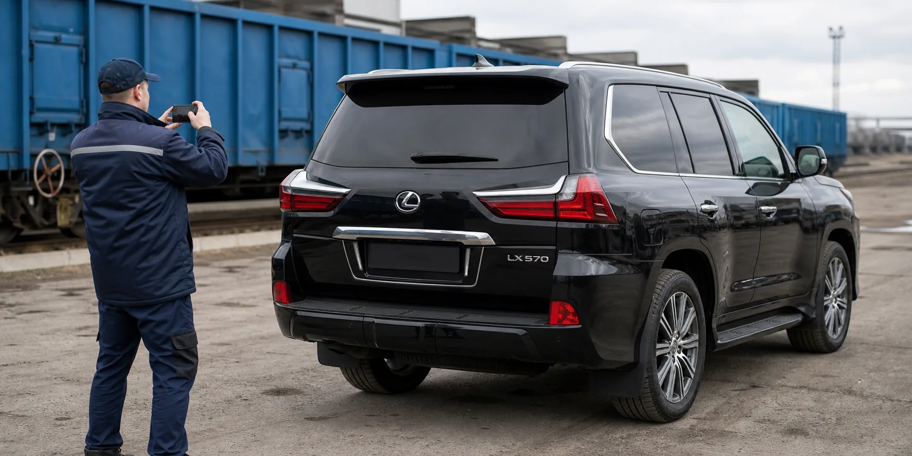 Сотрудник фотографирует Lexus LX 570 перед отправкой